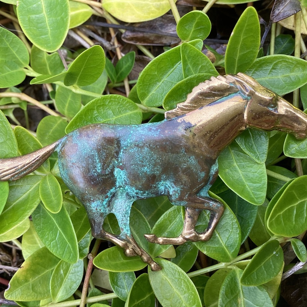 Verdigris Elaine Coyne Patina Brass Galloping Horse Brooch Pin Handcrafted Art